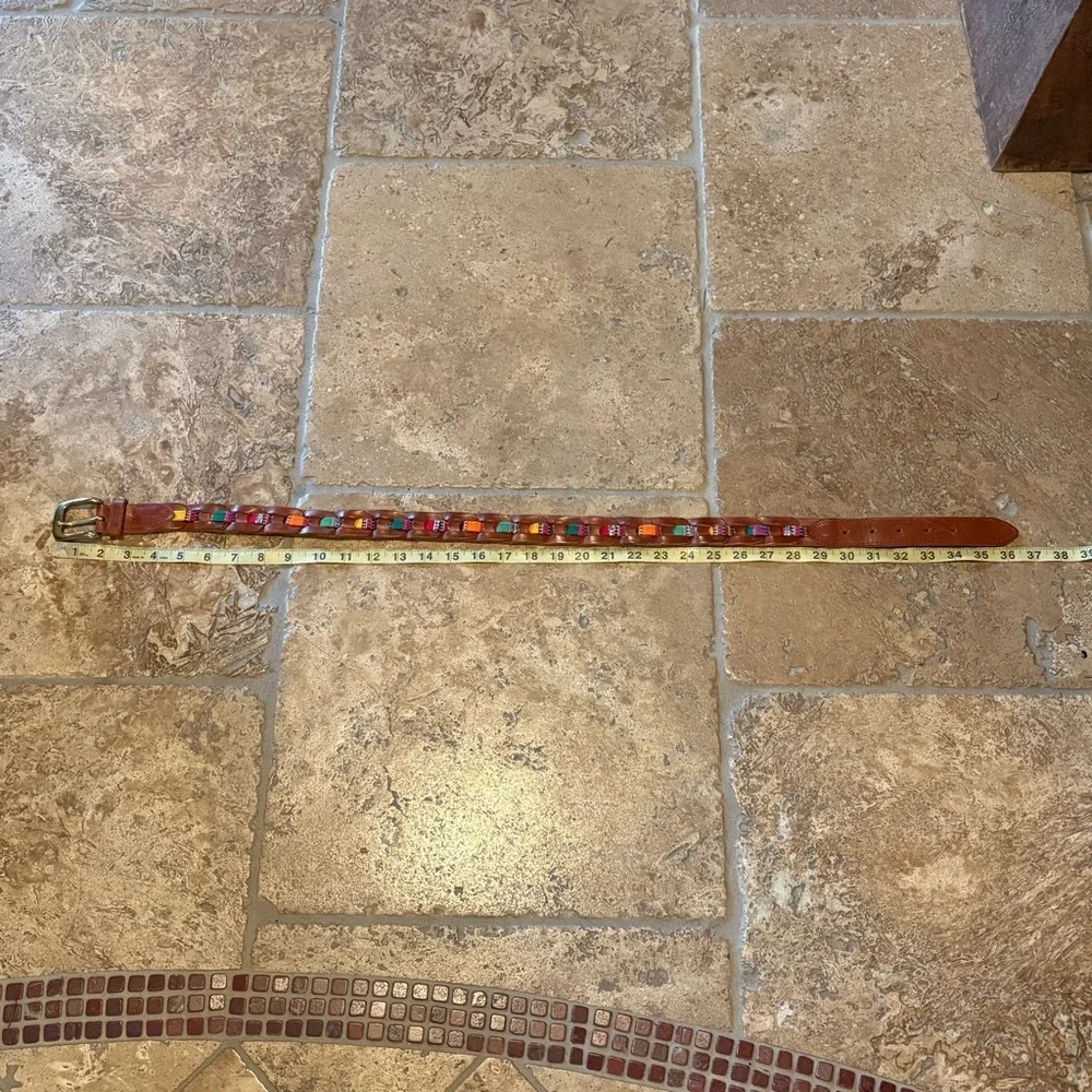 Women’s Colorful Woven Insert Brown Leather Belt Size Medium-Fits Small